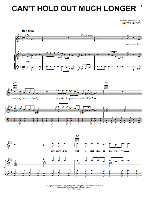 Eric Clapton Can't Hold Out Much Longer Sheet Music Notes & Chords for Piano, Vocal & Guitar (Right-Hand Melody) - Download or Print PDF