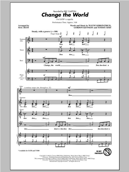 Eric Clapton Change The World (arr. Mac Huff) Sheet Music Notes & Chords for SATB - Download or Print PDF