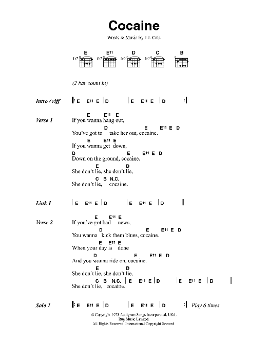 Eric Clapton Cocaine Sheet Music Notes & Chords for Real Book – Melody, Lyrics & Chords - Download or Print PDF