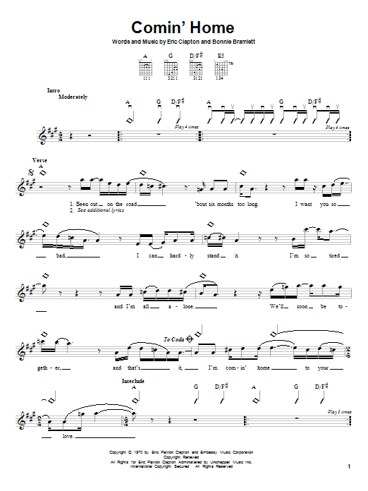 Eric Clapton Comin' Home Sheet Music Notes & Chords for Guitar Tab - Download or Print PDF