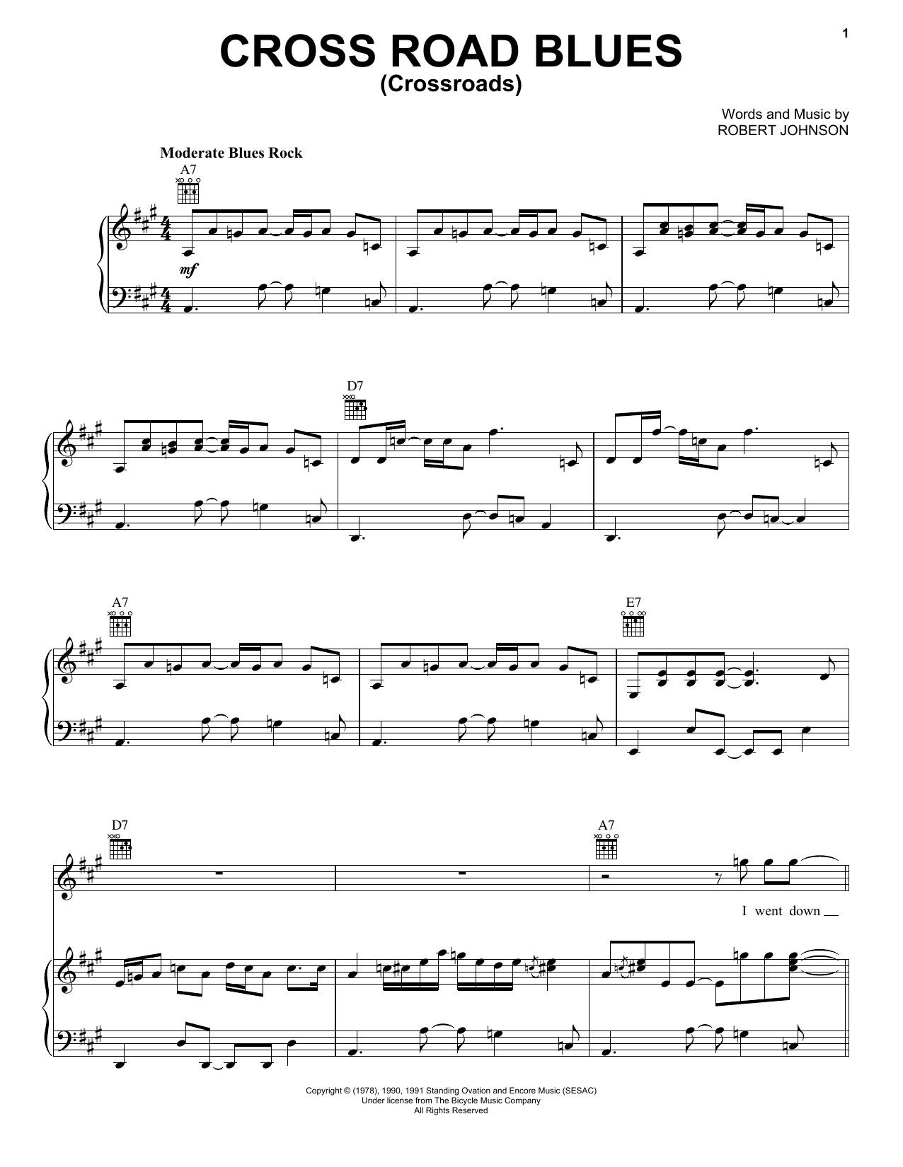 Eric Clapton Cross Road Blues (Crossroads) Sheet Music Notes & Chords for Piano, Vocal & Guitar (Right-Hand Melody) - Download or Print PDF