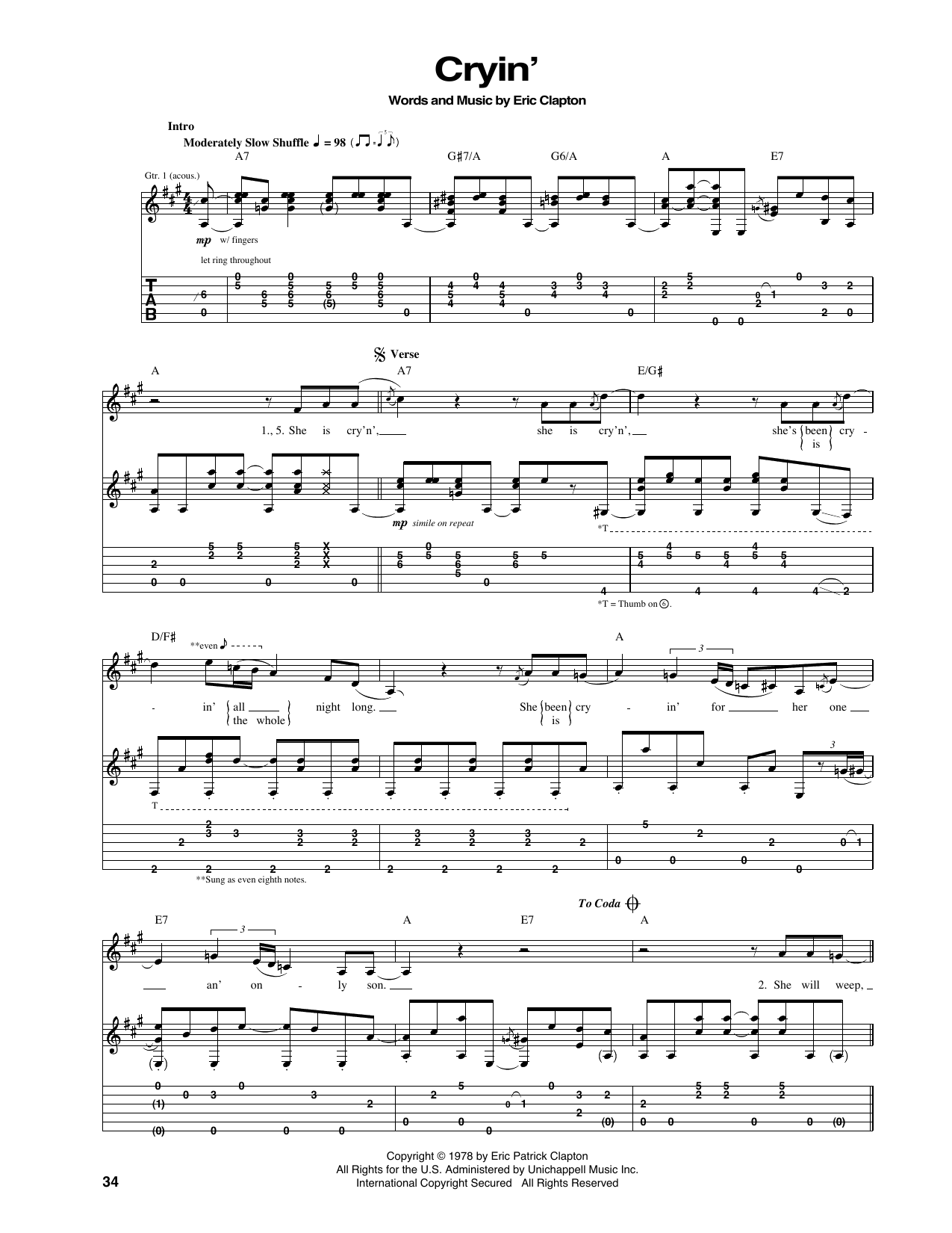 Eric Clapton Cryin' Sheet Music Notes & Chords for Guitar Tab - Download or Print PDF
