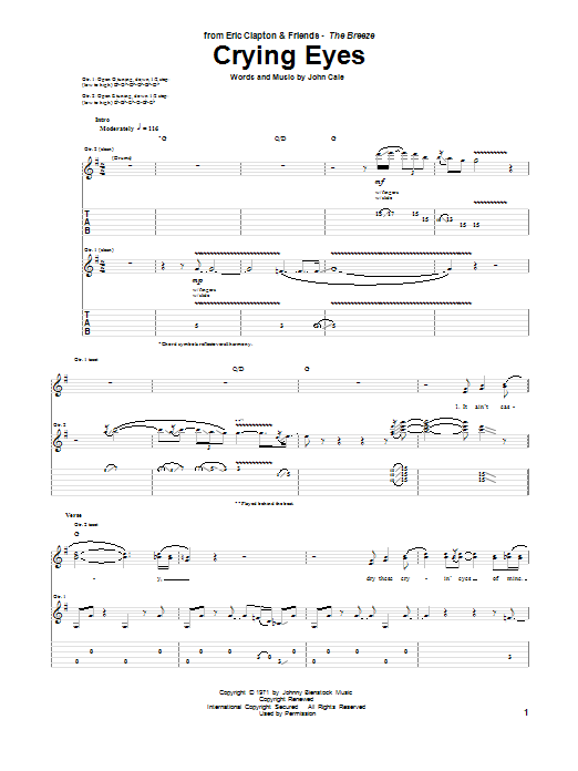 Eric Clapton Crying Eyes Sheet Music Notes & Chords for Guitar Tab - Download or Print PDF