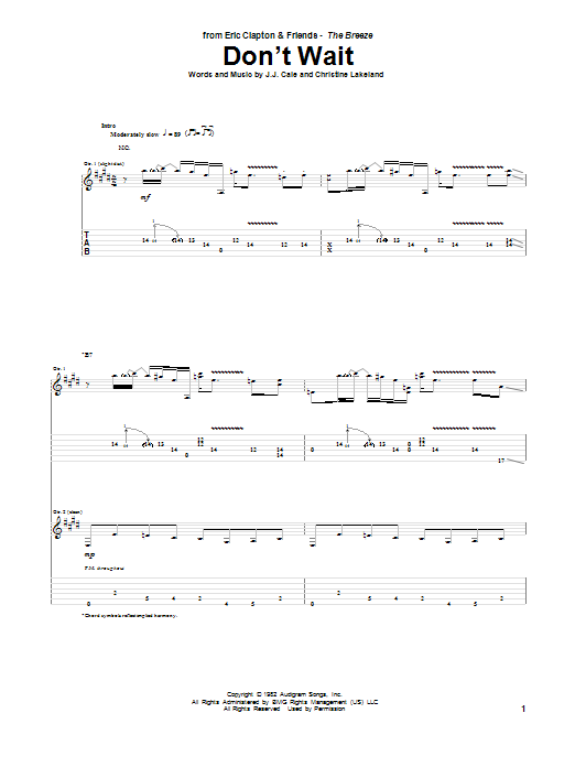 Eric Clapton Don't Wait Sheet Music Notes & Chords for Guitar Tab - Download or Print PDF