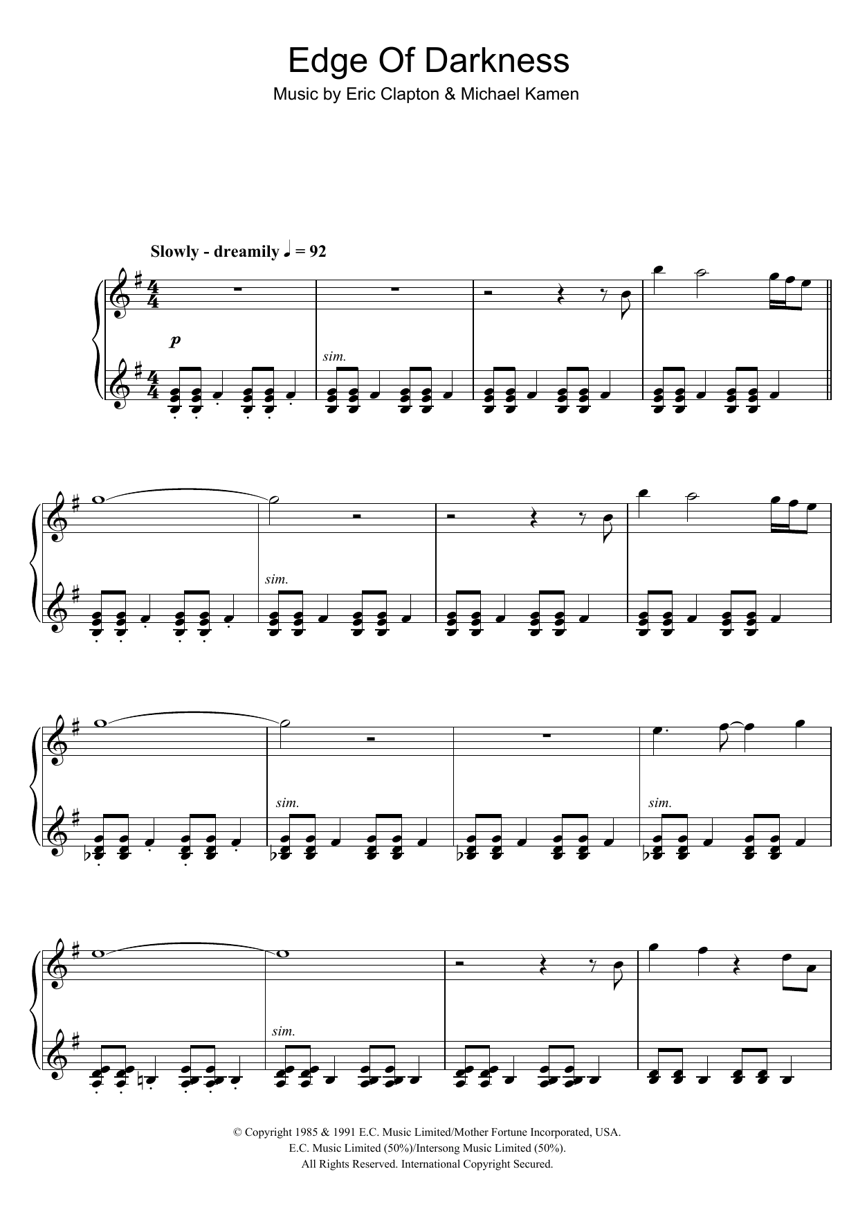Eric Clapton Edge Of Darkness Sheet Music Notes & Chords for Piano - Download or Print PDF