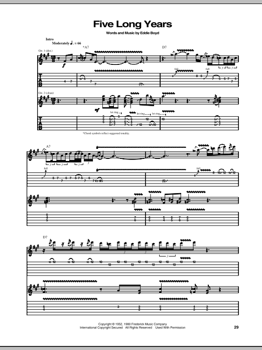 Eric Clapton Five Long Years Sheet Music Notes & Chords for Piano, Vocal & Guitar Chords (Right-Hand Melody) - Download or Print PDF