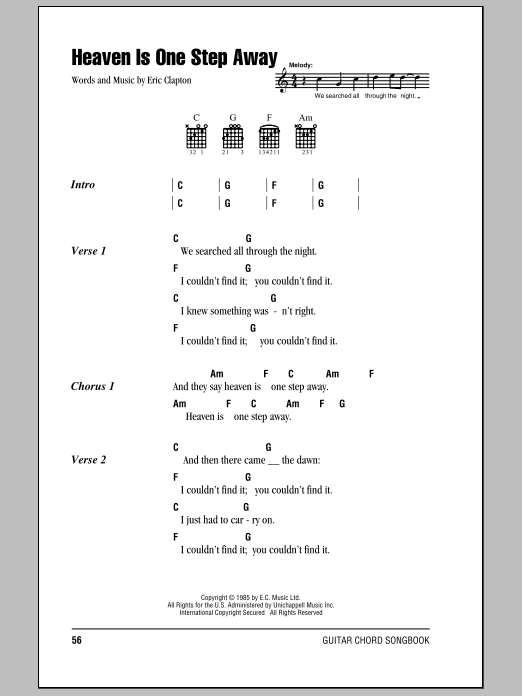 Eric Clapton Heaven Is One Step Away Sheet Music Notes & Chords for Lyrics & Chords - Download or Print PDF