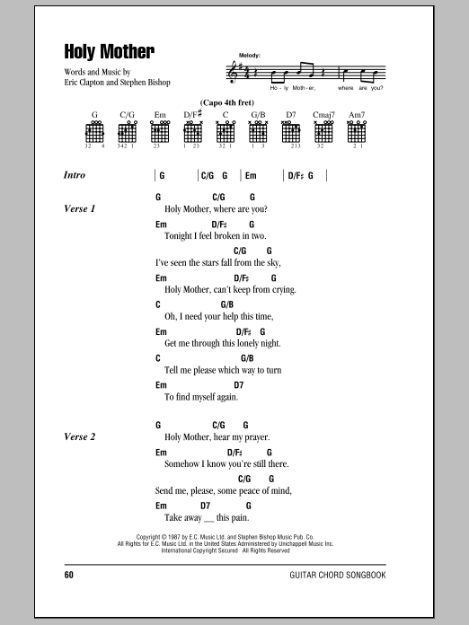 Eric Clapton Holy Mother Sheet Music Notes & Chords for Lyrics & Chords - Download or Print PDF