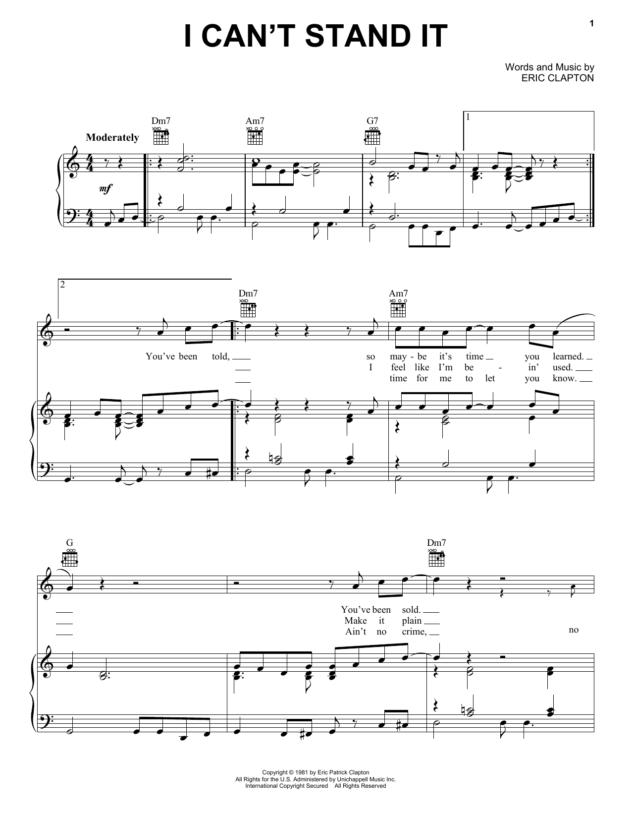 Eric Clapton I Can't Stand It Sheet Music Notes & Chords for Melody Line, Lyrics & Chords - Download or Print PDF