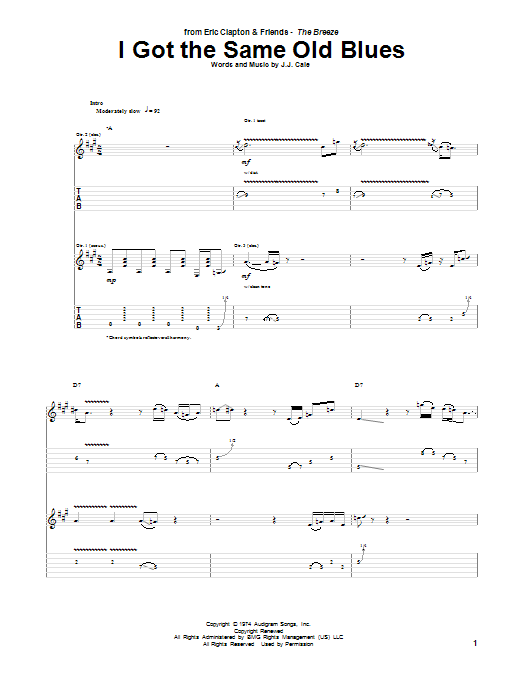 Eric Clapton I Got The Same Old Blues Sheet Music Notes & Chords for Guitar Tab - Download or Print PDF