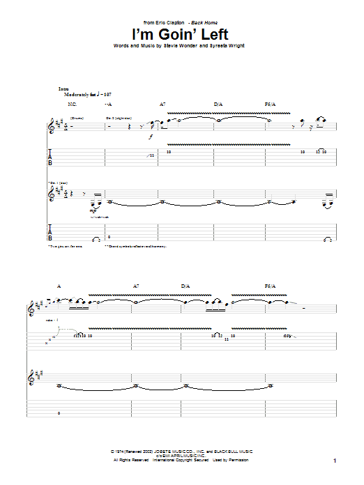 Eric Clapton I'm Goin' Left Sheet Music Notes & Chords for Guitar Tab - Download or Print PDF Eric Clapton I'm Goin' Left Sheet Music Notes & Chords for Guitar Tab - Download or Print PDF