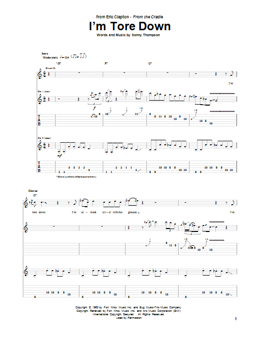 Eric Clapton I'm Tore Down Sheet Music Notes & Chords for Lyrics & Chords - Download or Print PDF