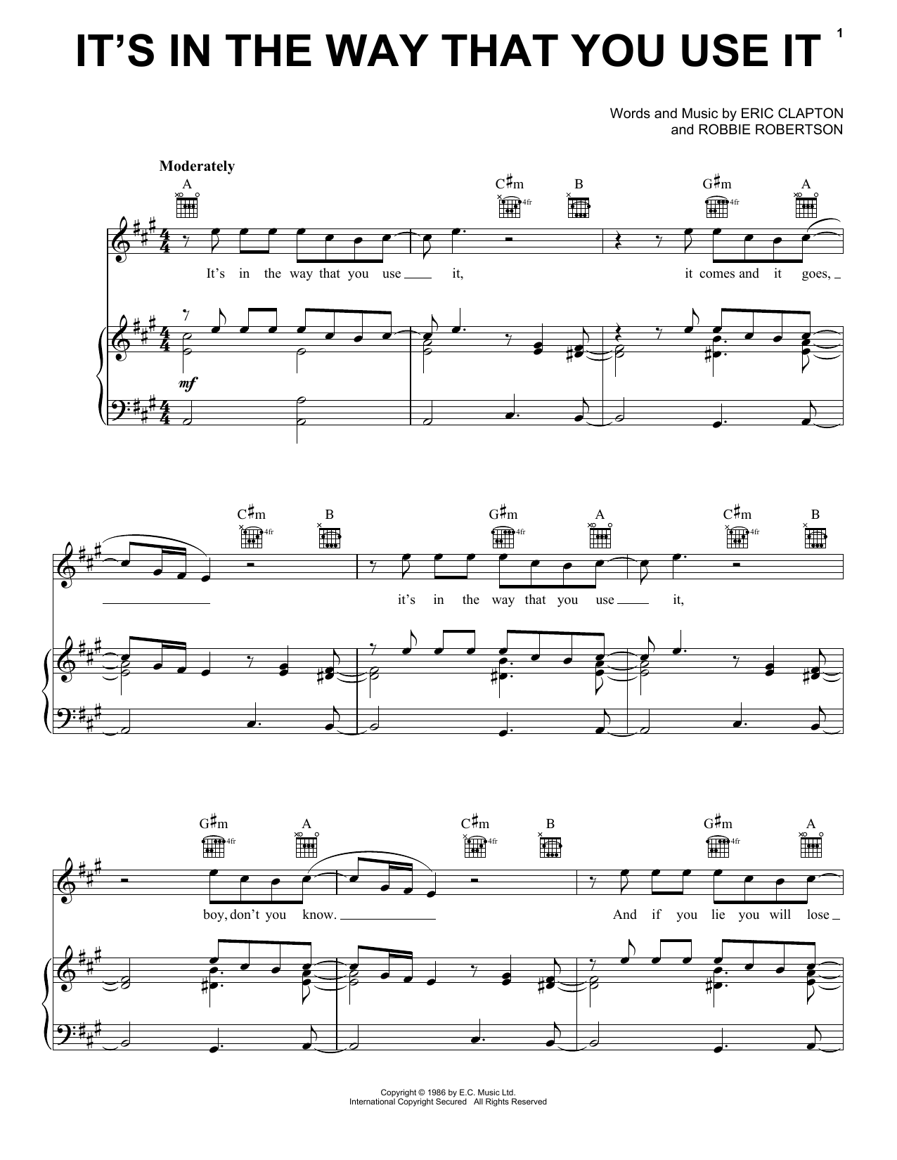 Eric Clapton It's In The Way That You Use It Sheet Music Notes & Chords for Easy Piano - Download or Print PDF