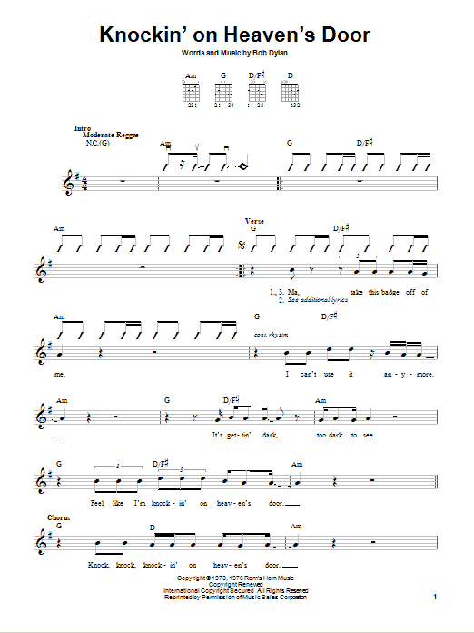 Eric Clapton Knockin' On Heaven's Door Sheet Music Notes & Chords for Guitar Chords/Lyrics - Download or Print PDF