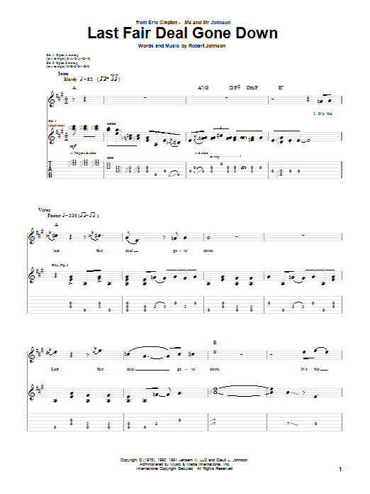 Eric Clapton Last Fair Deal Gone Down Sheet Music Notes & Chords for Guitar Tab - Download or Print PDF