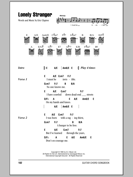 Eric Clapton Lonely Stranger Sheet Music Notes & Chords for Lyrics & Chords - Download or Print PDF