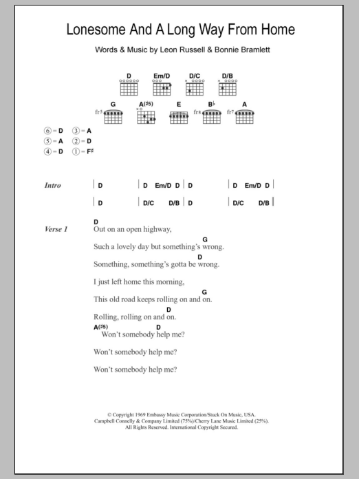 Eric Clapton Lonesome And A Long Way From Home Sheet Music Notes & Chords for Lyrics & Chords - Download or Print PDF