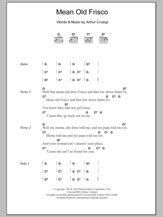 Eric Clapton Mean Old Frisco Sheet Music Notes & Chords for Lyrics & Chords - Download or Print PDF