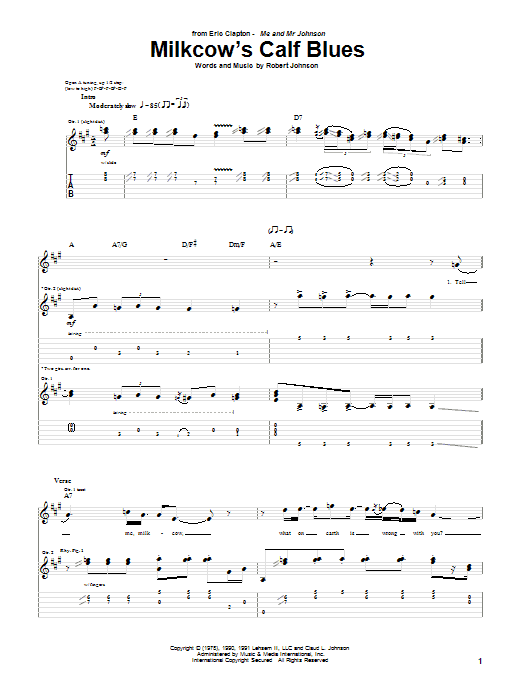 Eric Clapton Milkcow's Calf Blues Sheet Music Notes & Chords for Guitar Tab - Download or Print PDF