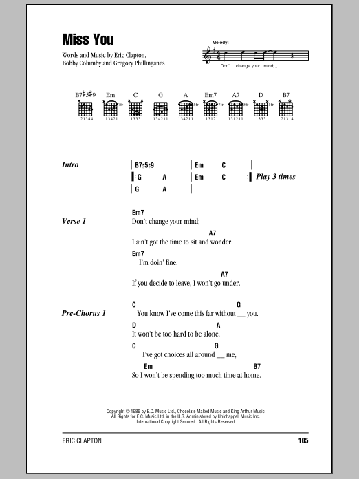 Eric Clapton Miss You Sheet Music Notes & Chords for Lyrics & Chords - Download or Print PDF