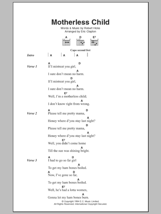 Eric Clapton Motherless Child Sheet Music Notes & Chords for Lyrics & Chords - Download or Print PDF