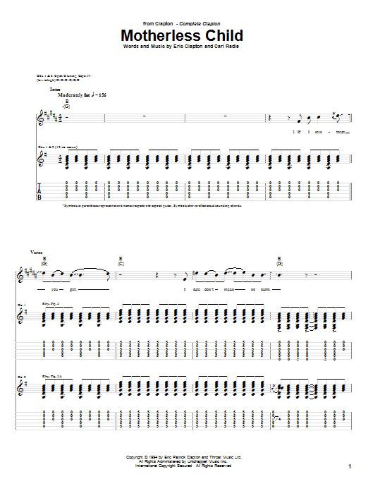 Eric Clapton Motherless Child Sheet Music Notes & Chords for Lyrics & Chords - Download or Print PDF