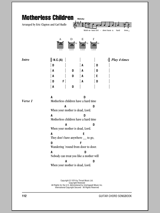 Eric Clapton Motherless Children Sheet Music Notes & Chords for Lyrics & Chords - Download or Print PDF