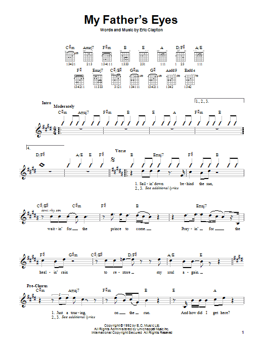 Eric Clapton My Father's Eyes Sheet Music Notes & Chords for Easy Guitar Tab - Download or Print PDF