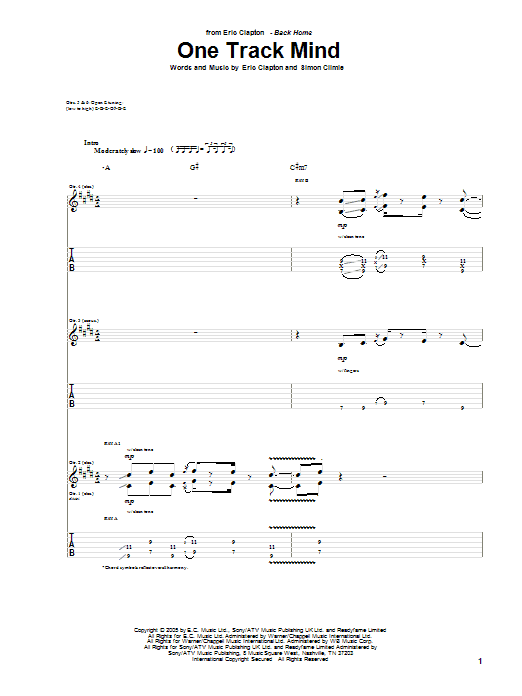 Eric Clapton One Track Mind Sheet Music Notes & Chords for Guitar Tab - Download or Print PDF