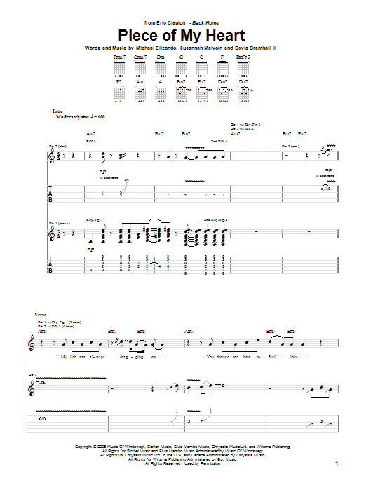 Eric Clapton Piece Of My Heart Sheet Music Notes & Chords for Guitar Tab - Download or Print PDF