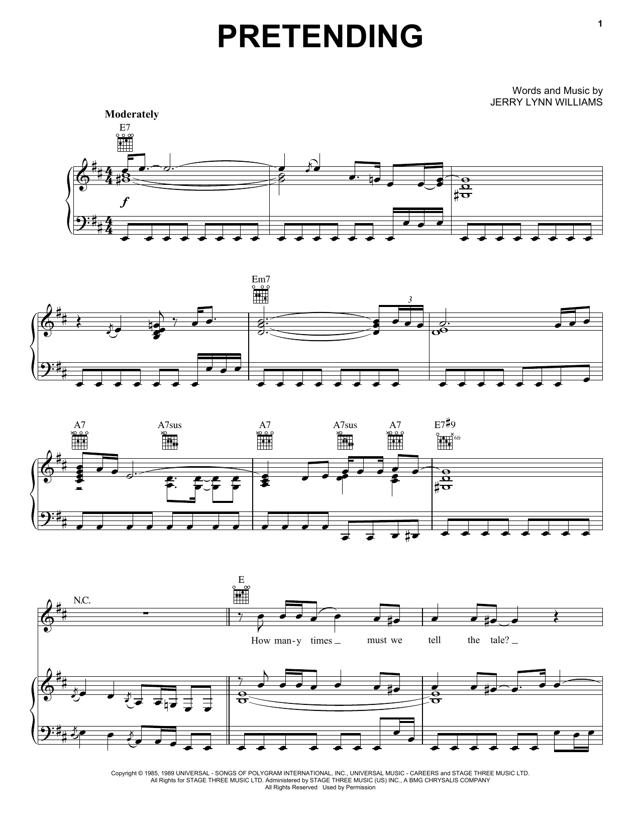 Eric Clapton Pretending Sheet Music Notes & Chords for Piano, Vocal & Guitar (Right-Hand Melody) - Download or Print PDF