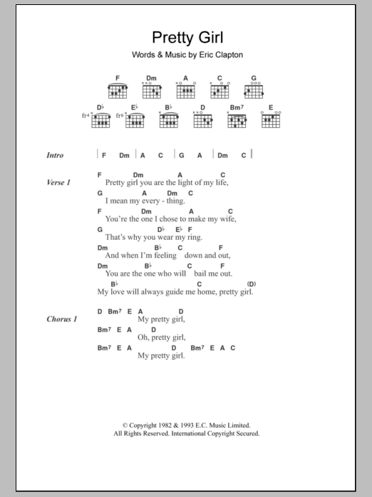 Eric Clapton Pretty Girl Sheet Music Notes & Chords for Guitar Chords/Lyrics - Download or Print PDF