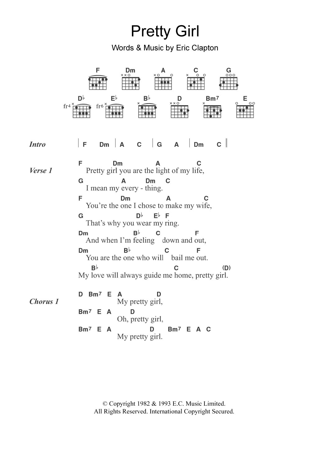 Eric Clapton Pretty Girl Sheet Music Notes & Chords for Guitar Chords/Lyrics - Download or Print PDF