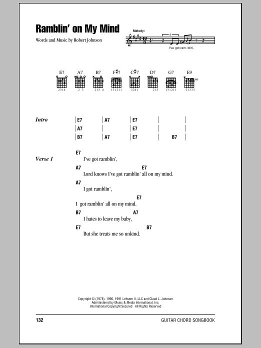 Eric Clapton Ramblin' On My Mind Sheet Music Notes & Chords for Guitar Tab - Download or Print PDF