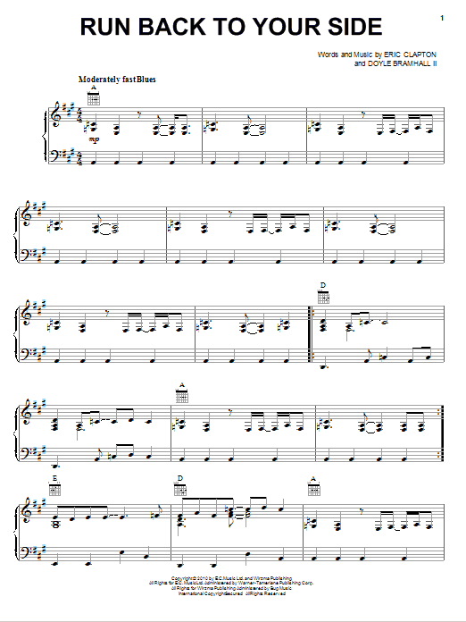 Eric Clapton Run Back To Your Side Sheet Music Notes & Chords for Piano, Vocal & Guitar (Right-Hand Melody) - Download or Print PDF