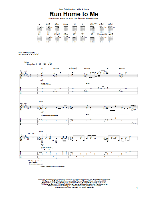 Eric Clapton Run Home To Me Sheet Music Notes & Chords for Guitar Tab - Download or Print PDF