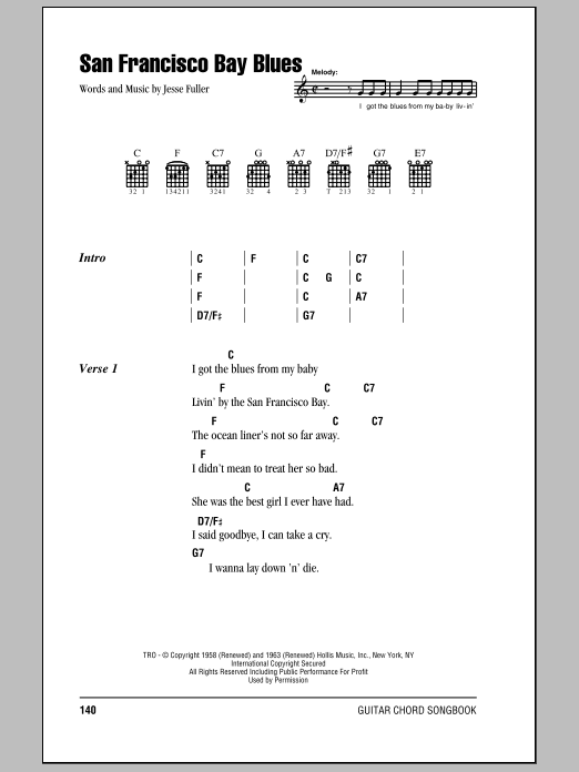 Eric Clapton San Francisco Bay Blues Sheet Music Notes & Chords for Lyrics & Chords - Download or Print PDF