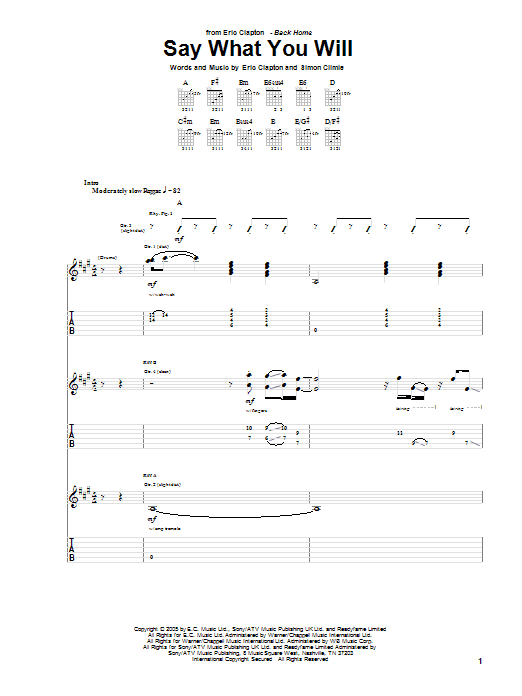 Eric Clapton Say What You Will Sheet Music Notes & Chords for Guitar Tab - Download or Print PDF