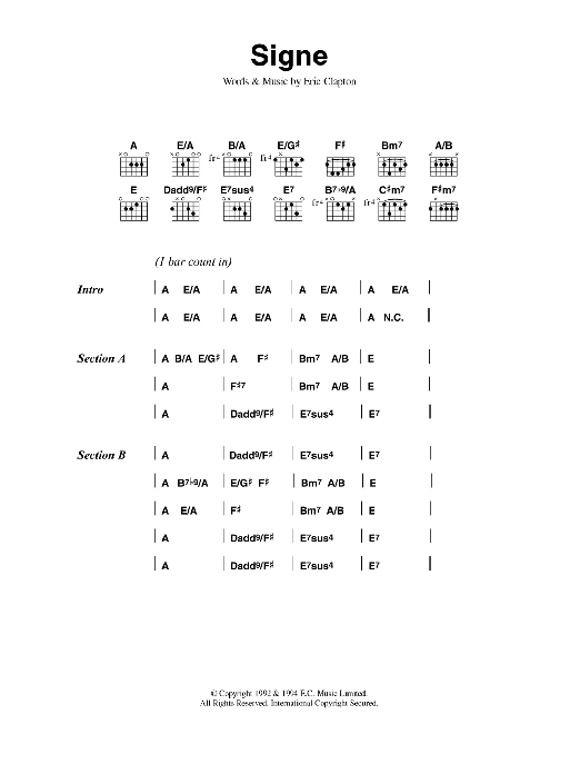 Eric Clapton Signe Sheet Music Notes & Chords for Lyrics & Chords - Download or Print PDF