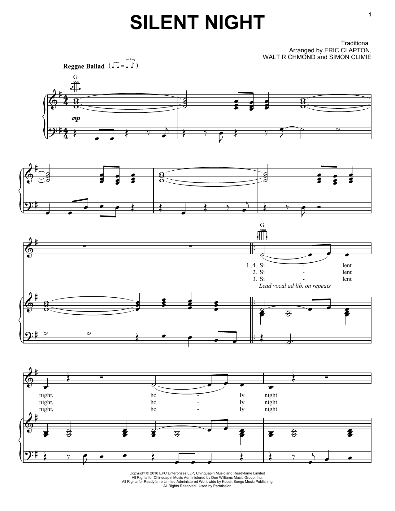 Eric Clapton Silent Night Sheet Music Notes & Chords for Piano, Vocal & Guitar (Right-Hand Melody) - Download or Print PDF