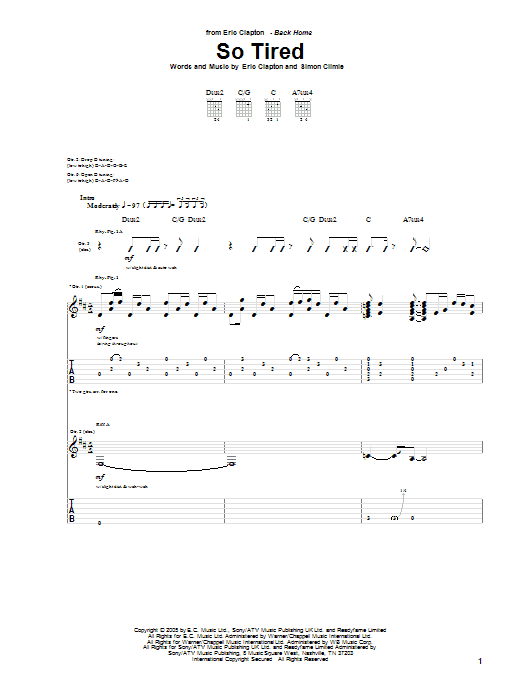 Eric Clapton So Tired Sheet Music Notes & Chords for Guitar Tab - Download or Print PDF
