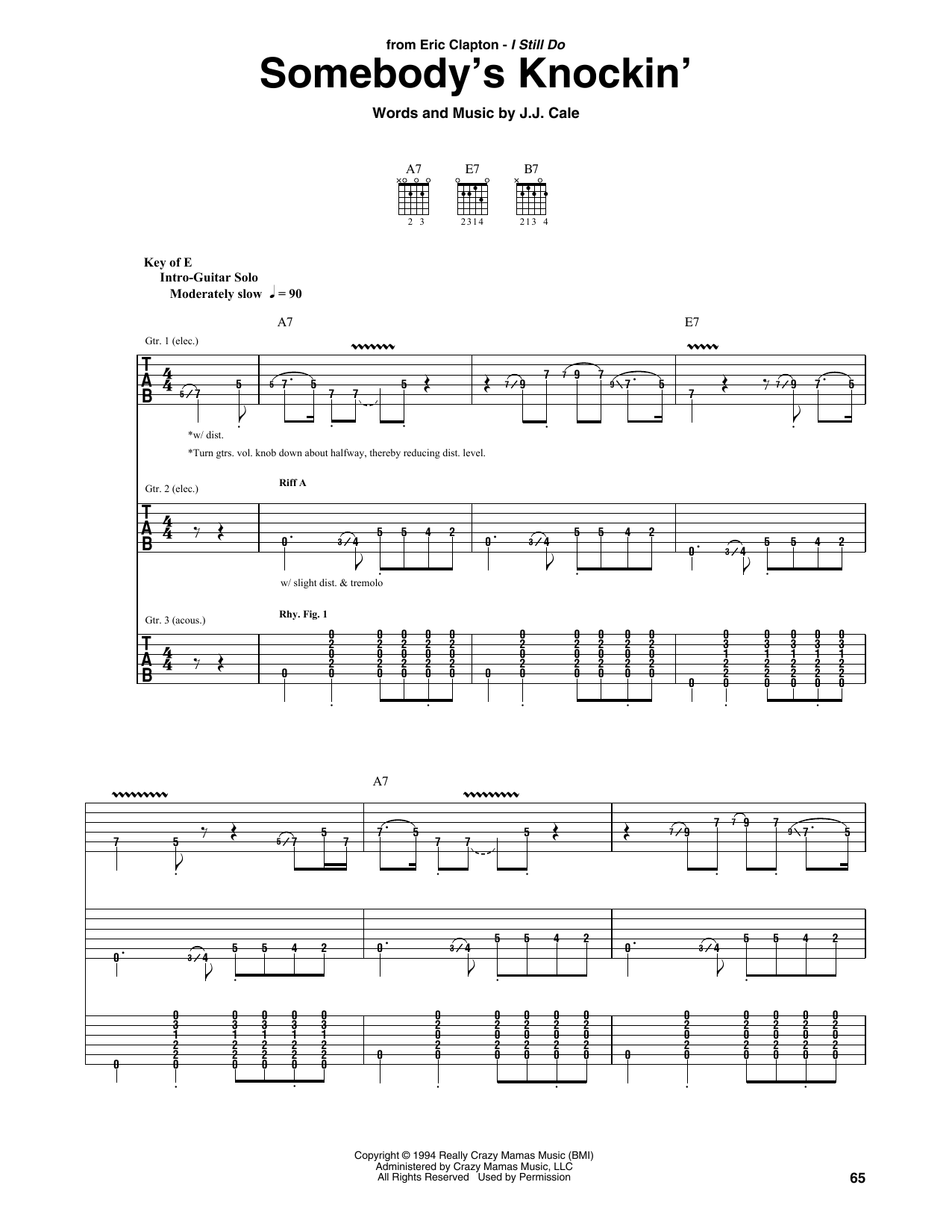 Eric Clapton Somebody's Knockin' Sheet Music Notes & Chords for Guitar Rhythm Tab - Download or Print PDF