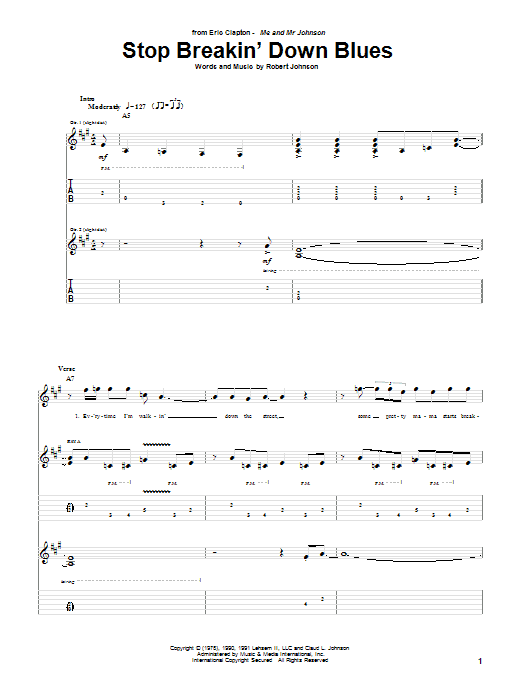 Eric Clapton Stop Breakin' Down Blues Sheet Music Notes & Chords for Guitar Tab - Download or Print PDF