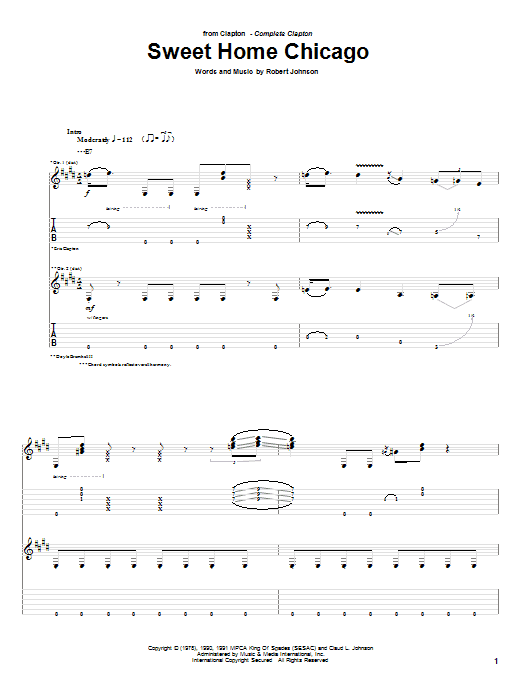 Eric Clapton Sweet Home Chicago Sheet Music Notes & Chords for Guitar Tab - Download or Print PDF