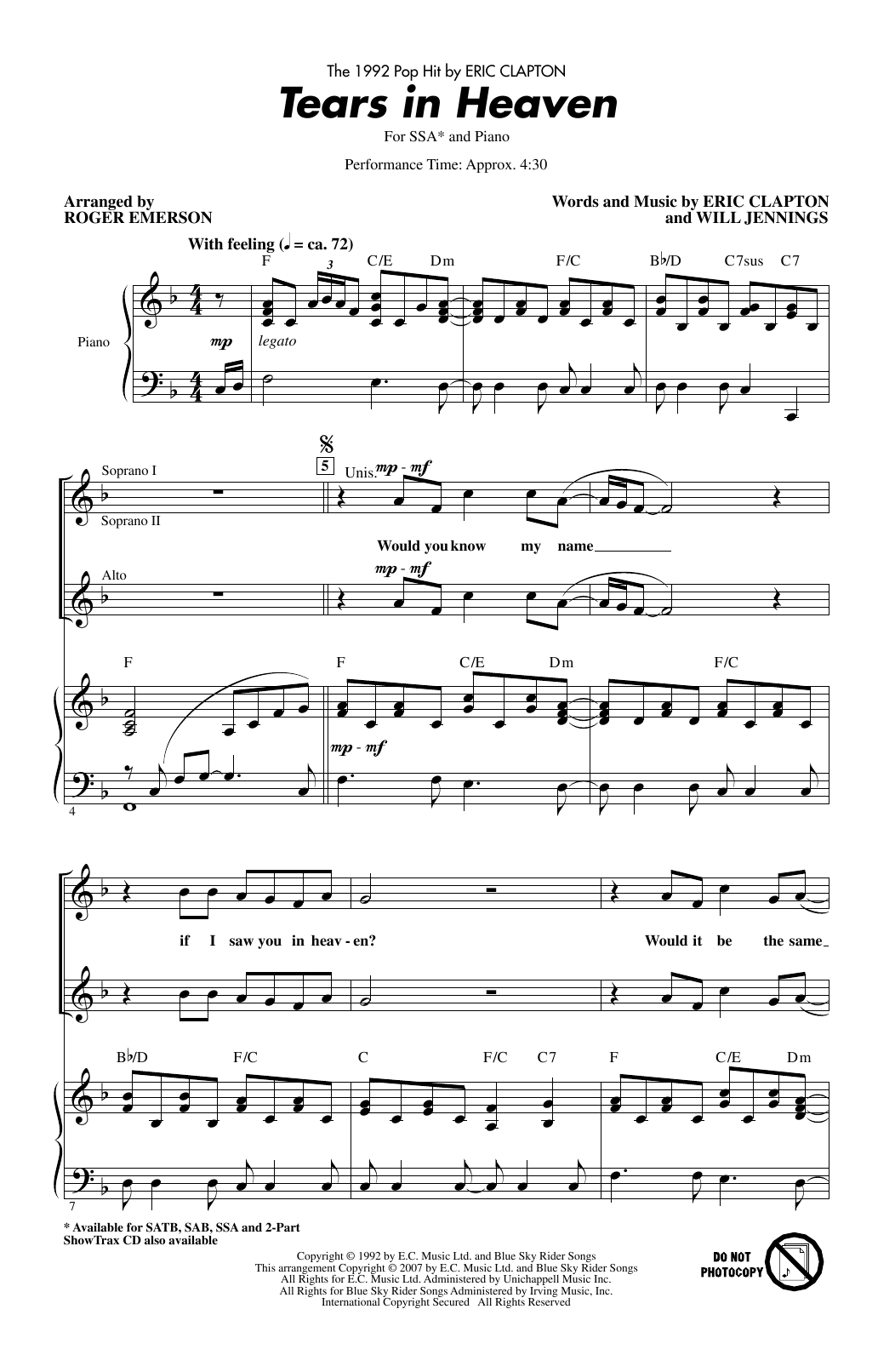 Eric Clapton Tears In Heaven (arr. Roger Emerson) Sheet Music Notes & Chords for SSA Choir - Download or Print PDF