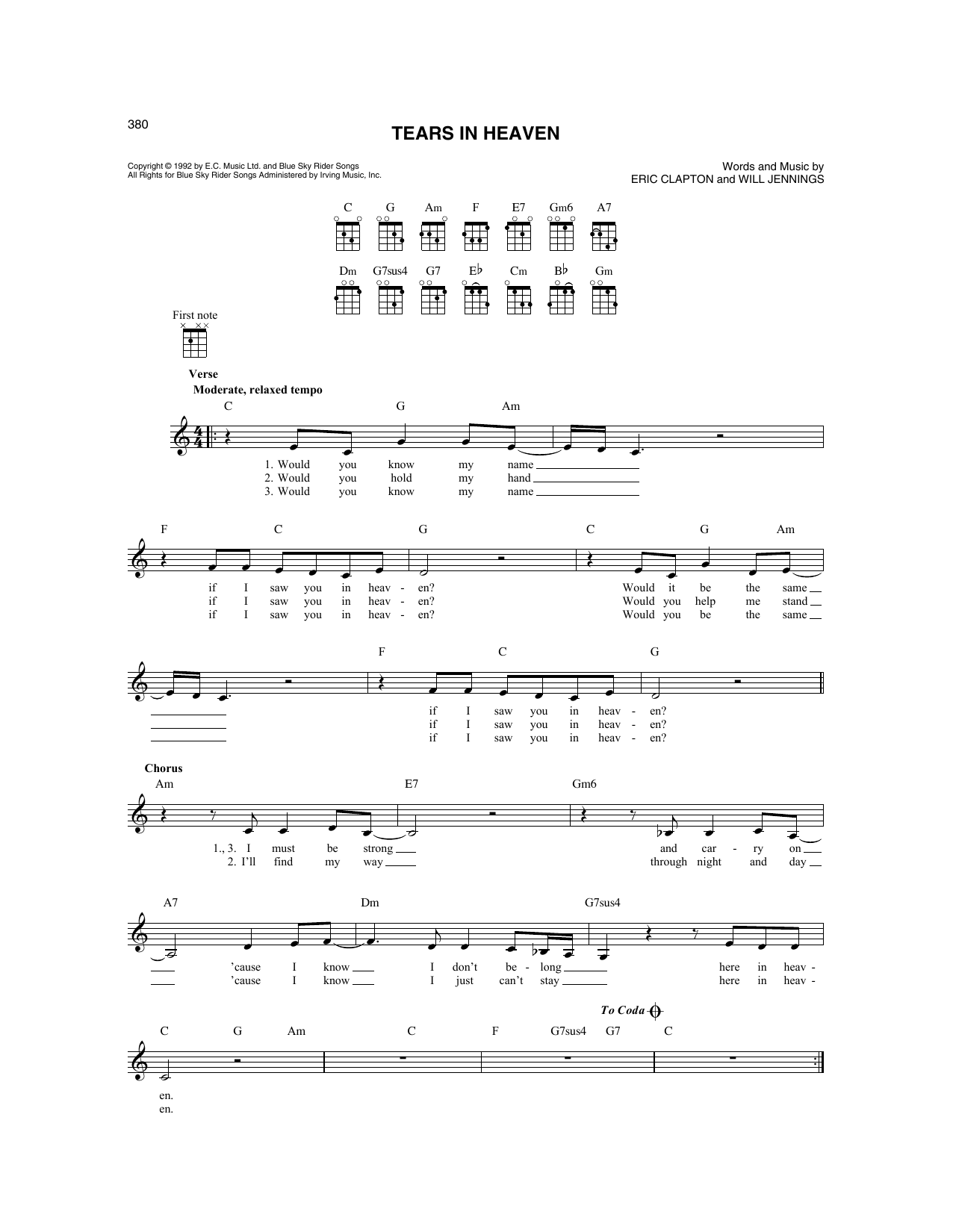 Eric Clapton Tears In Heaven (from Rush) Sheet Music Notes & Chords for Mandolin - Download or Print PDF