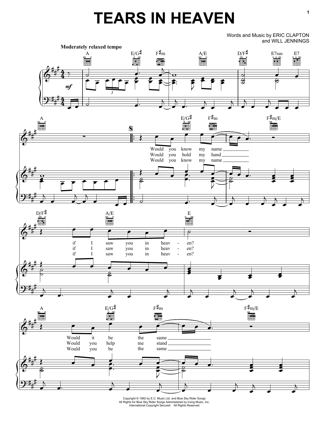 Eric Clapton Tears In Heaven Sheet Music Notes & Chords for Guitar - Download or Print PDF