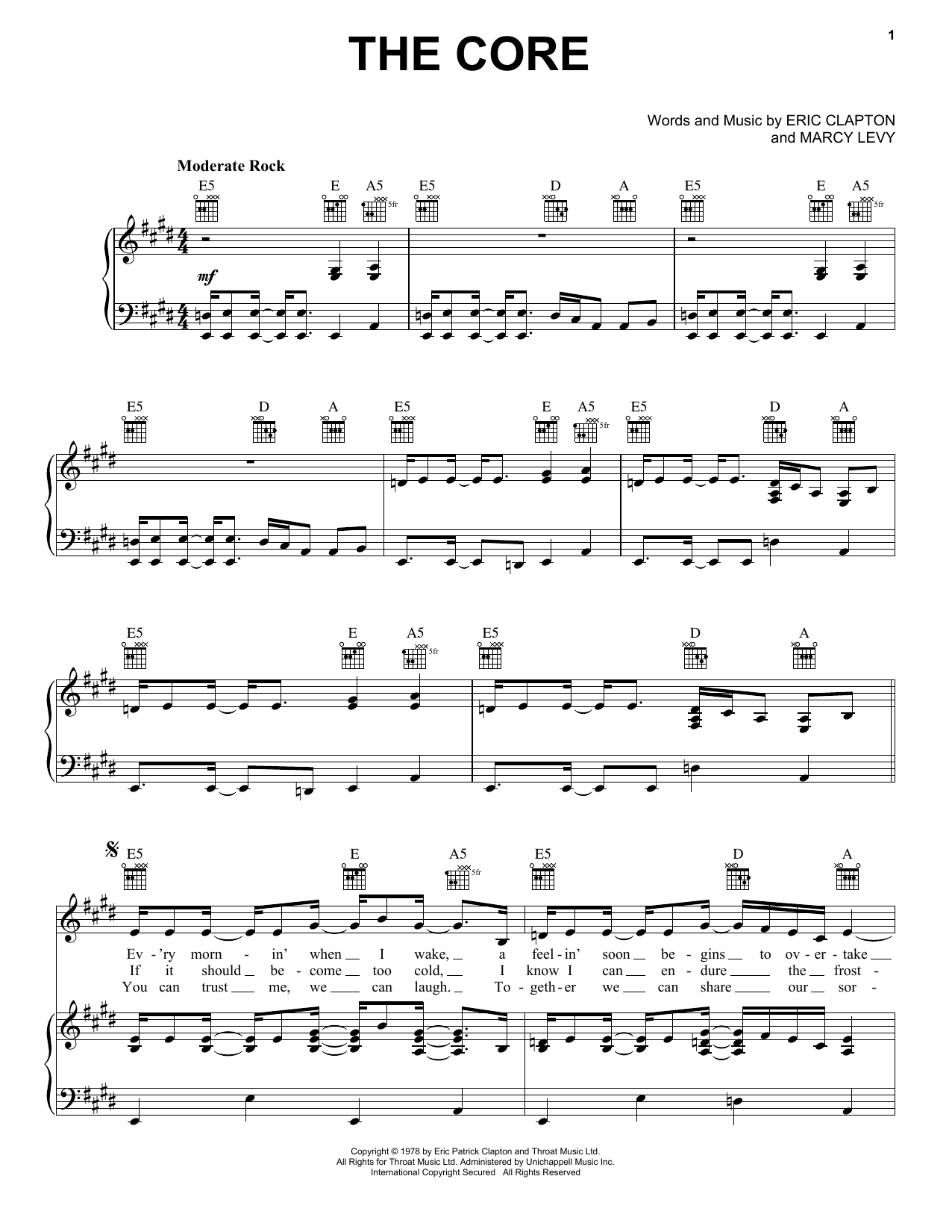 Eric Clapton The Core Sheet Music Notes & Chords for Piano, Vocal & Guitar (Right-Hand Melody) - Download or Print PDF