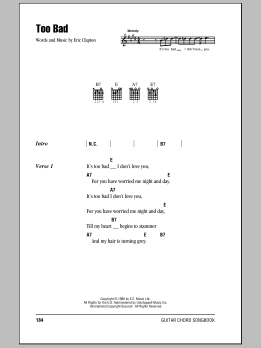 Eric Clapton Too Bad Sheet Music Notes & Chords for Lyrics & Chords - Download or Print PDF