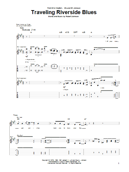 Eric Clapton Traveling Riverside Blues Sheet Music Notes & Chords for Guitar Tab - Download or Print PDF